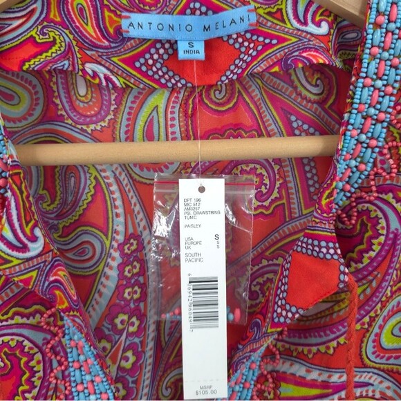 Antonio Melani Beaded Peasant Top Paisley Print Tassels Boho Cinch Waist NWT - Picture 9 of 14